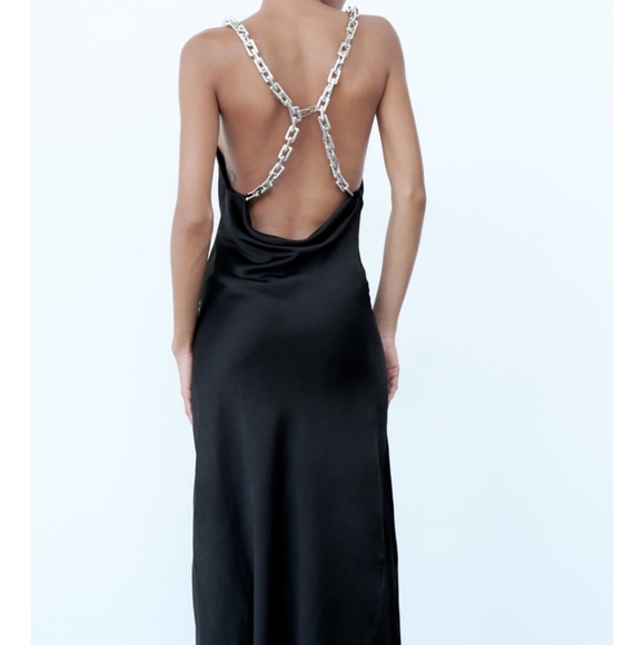 Zara * Chain Strap Satin Effect Slip Midi Dress Black - Picture 13 of 16